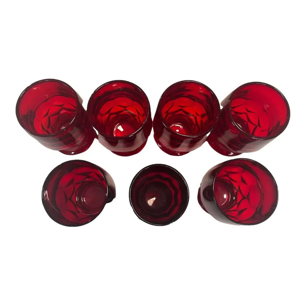 Vintage Red Ruby GEORGIAN Tumblers GLASS Glasses HONEYCOMB Thumbprint MCM